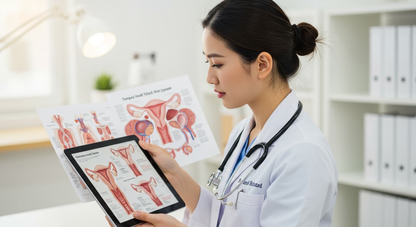A female doctor is showing graphs of uterus.