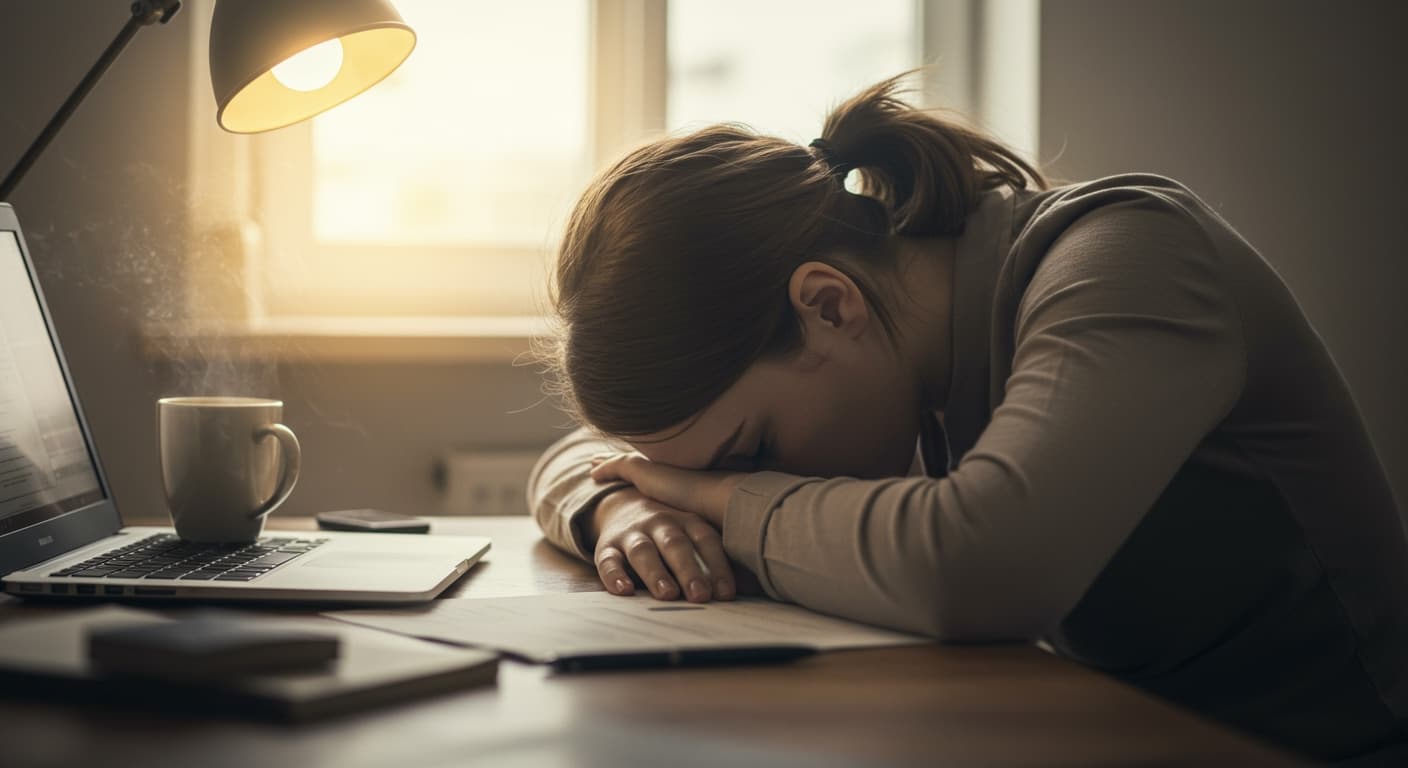 A woman rests her head on her desk, looking tired.