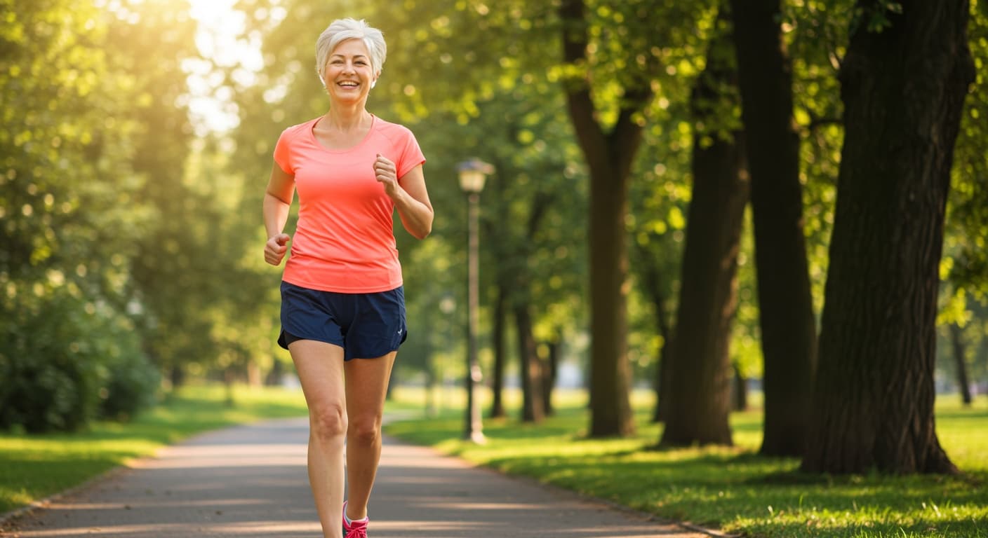 A vibrant, healthy older woman smiling and jogging through a sunlit park, representing vitality and successful aging.