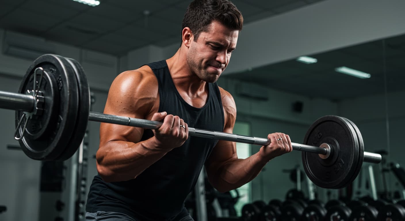A person lifting a barbell in a gym, focusing on muscle training.