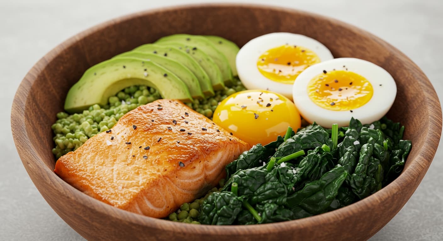 A split image showing a plate a plate with salmon, avocado, and leafy greens