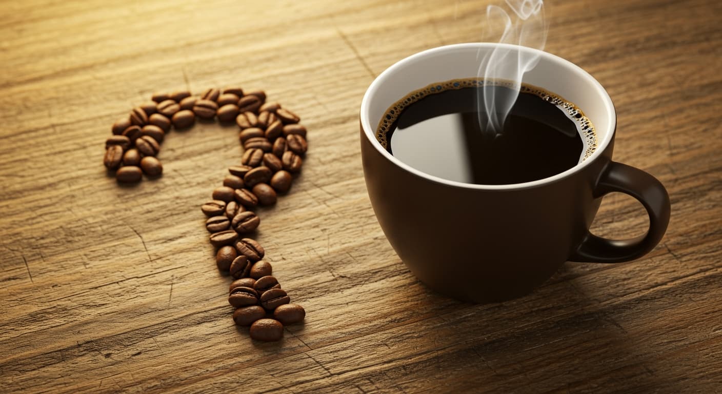 A cup of black coffee on a wooden table with a question mark made of coffee beans next to it, symbolizing the mystery of the coffee loophole diet.