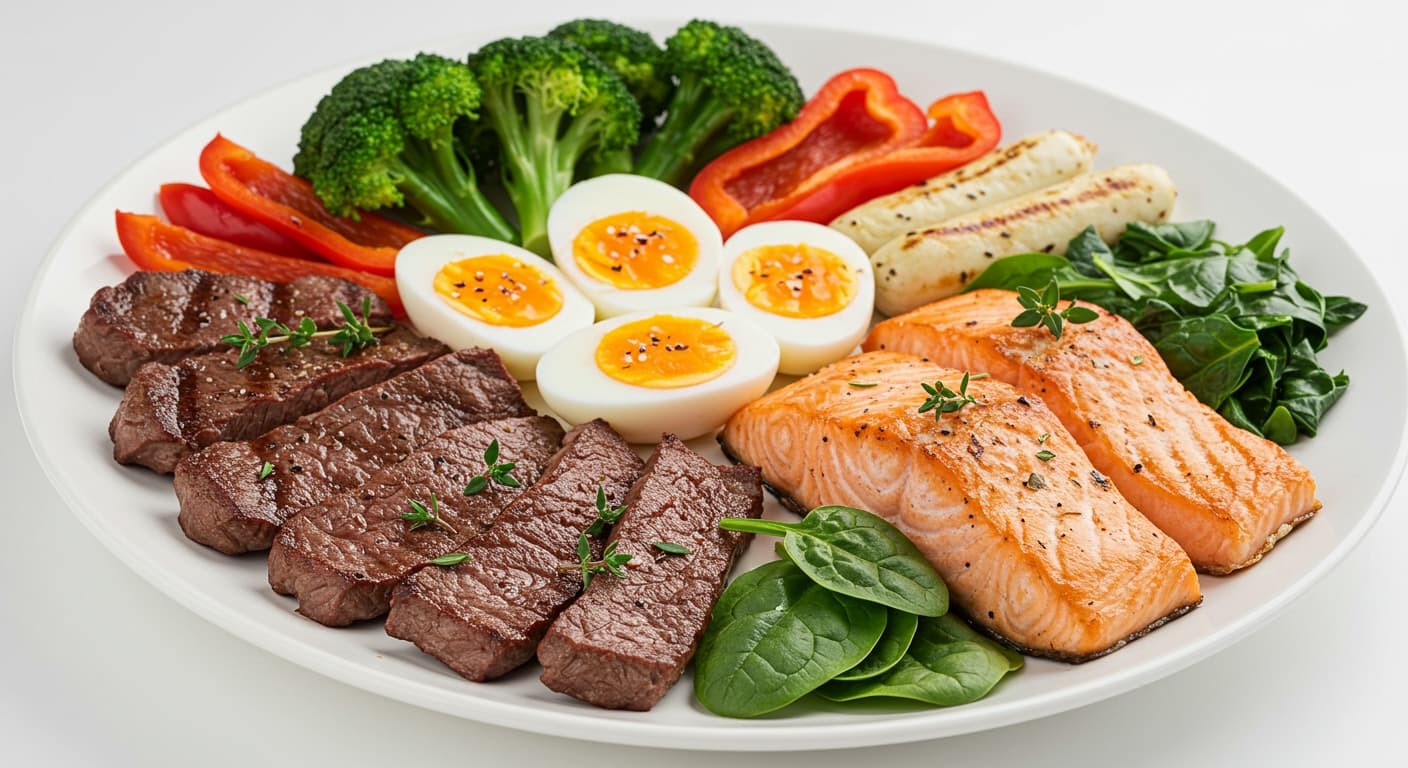 A vibrant plate showing a selection of easy high protein meals, including steak, salmon, and eggs.