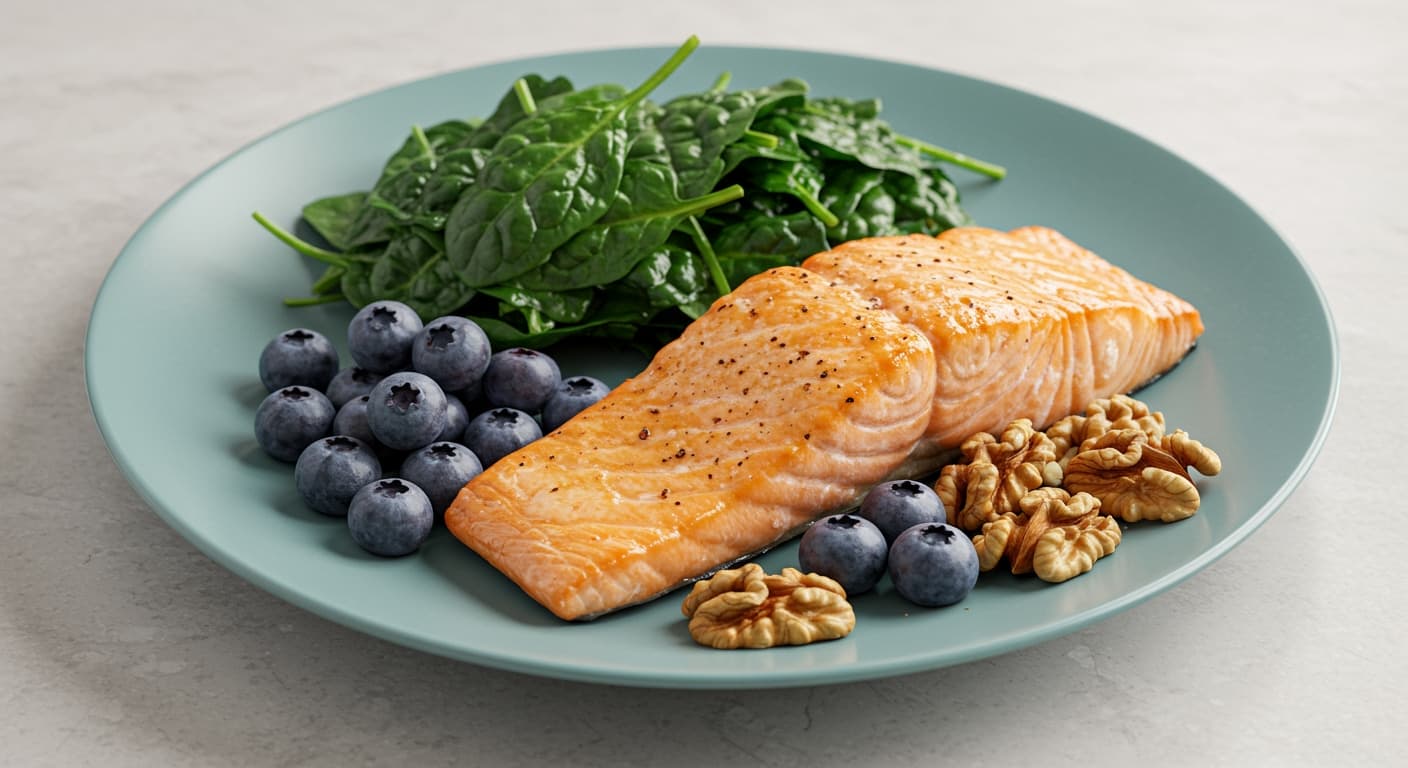 A colorful plate of foods for brain health, including salmon, blueberries, walnuts, and leafy greens.