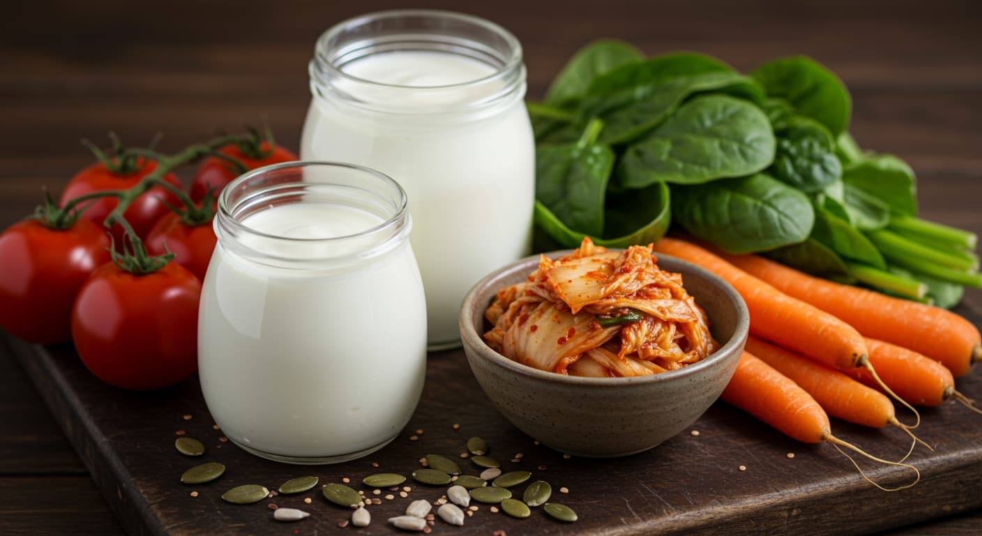 A vibrant flat lay of gut-healthy foods like yogurt, kimchi, leafy greens, and colorful vegetables.