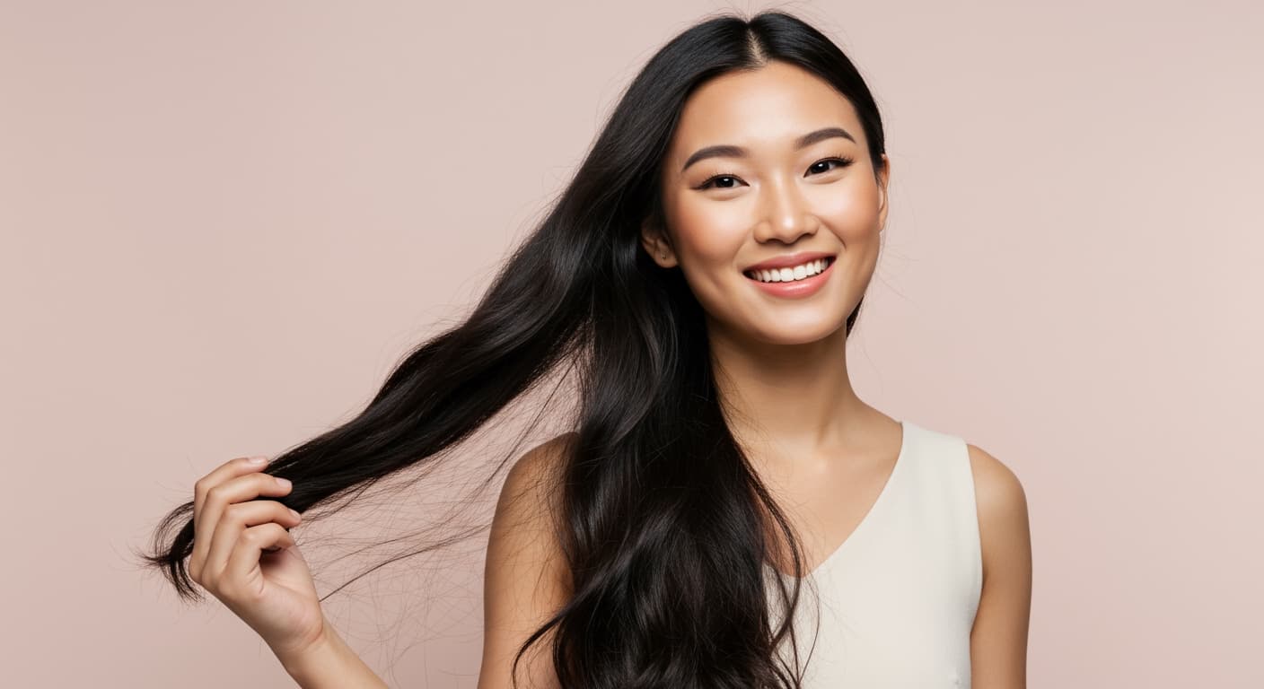 A woman with healthy, shiny hair smiling.