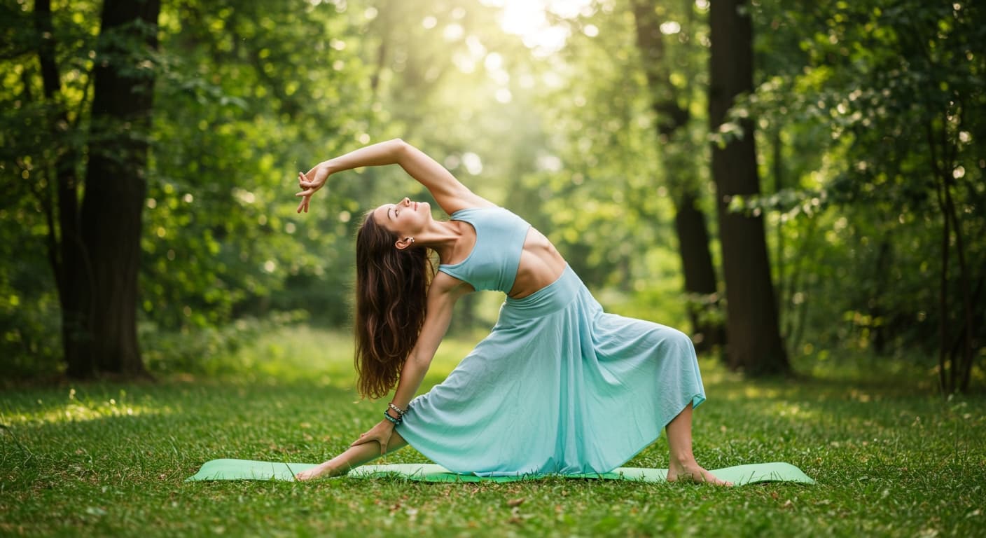 A person practicing yoga on a mat in a sunlit forest, representing holistic mental health.
