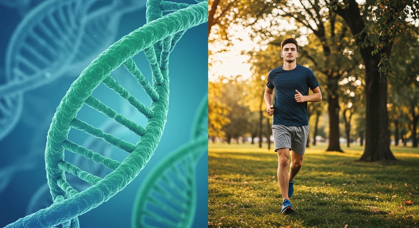 A split image showing a DNA double helix on one side and a person jogging on the other, representing genes versus habits.