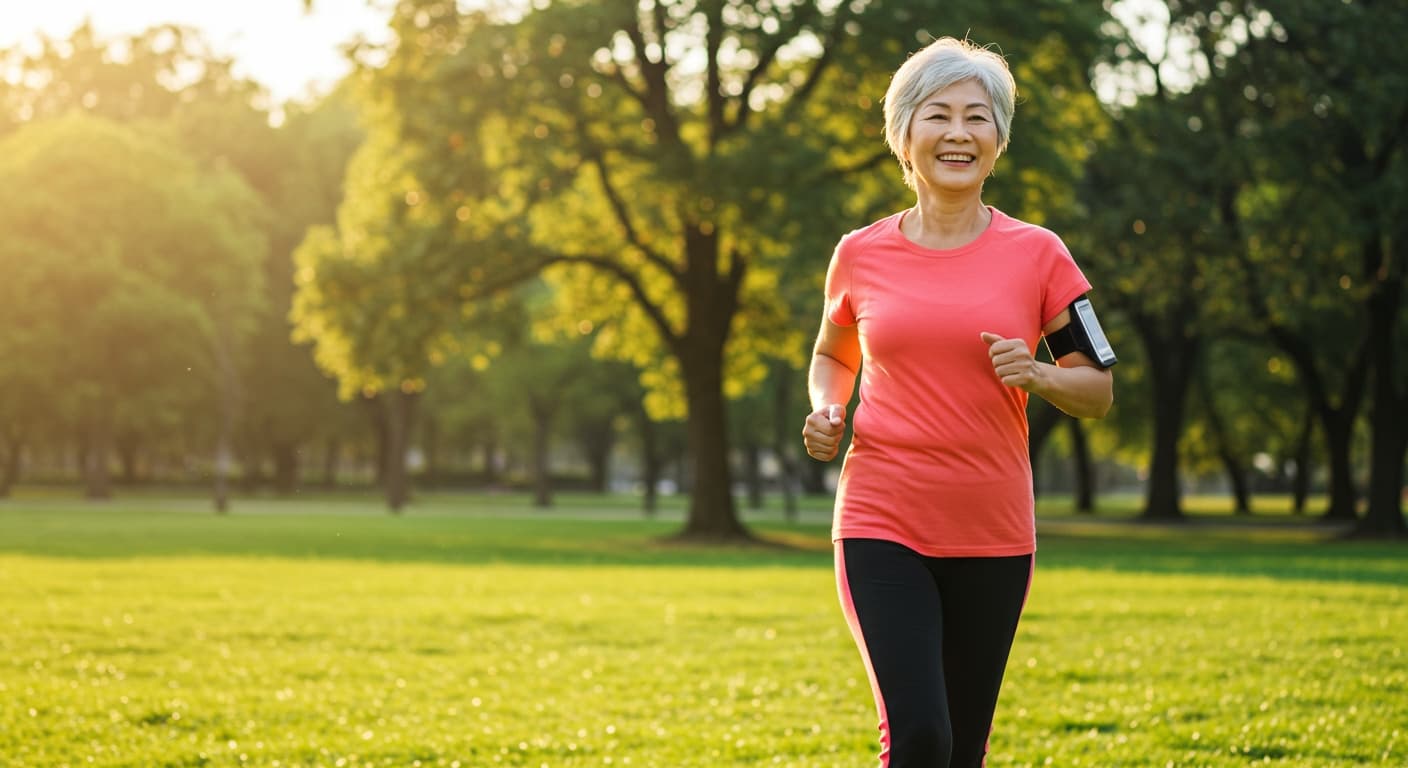 An older adult smiles while jogging outdoors.