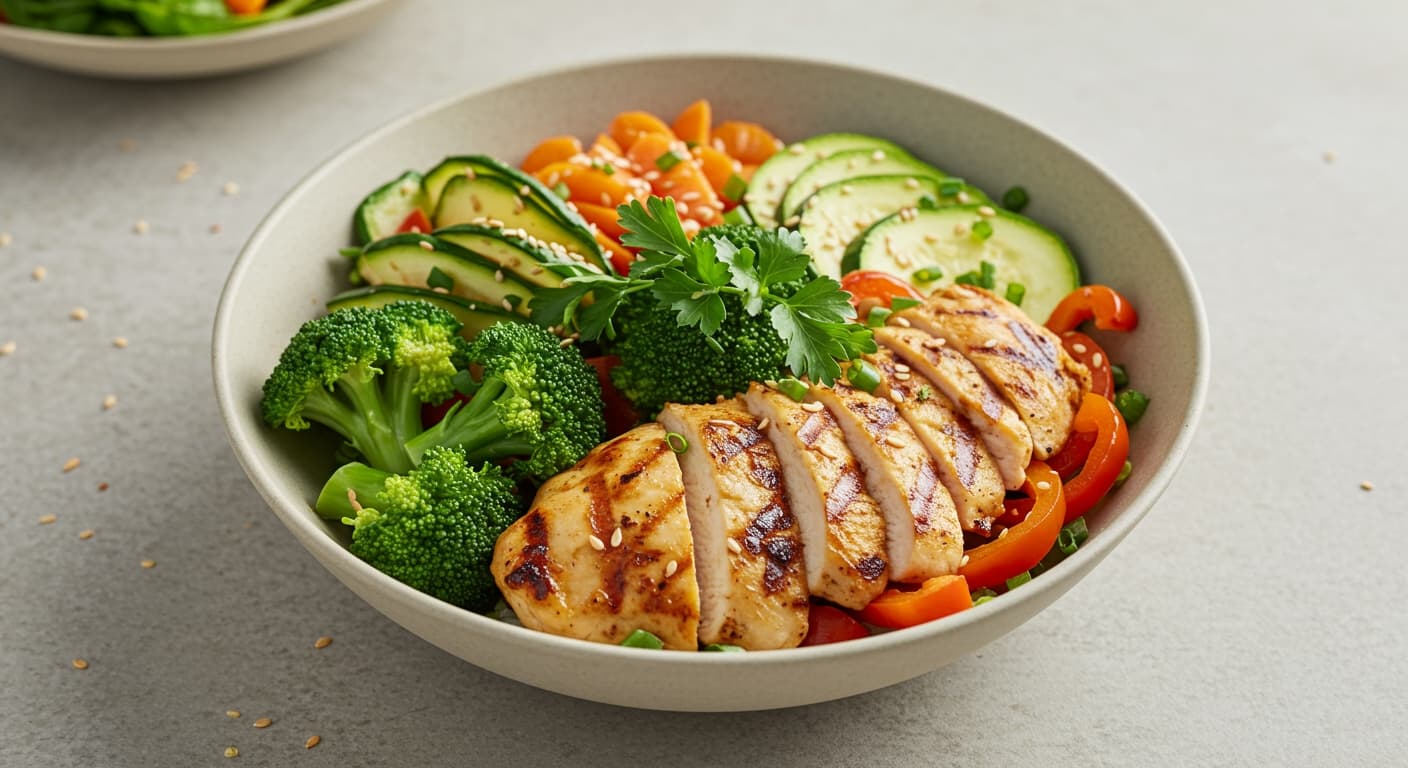 A colorful bowl of a healthy low carb recipe with fresh vegetables and grilled chicken.