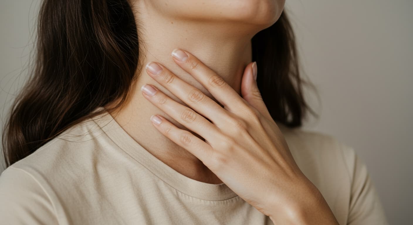 Woman gently massaging her neck to perform lymphatic drainage.
