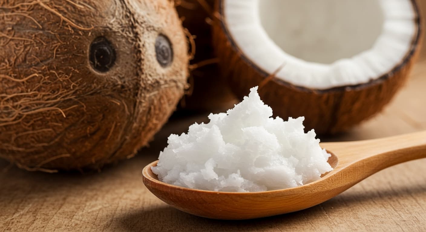 A bowl of coconut oil next to fresh coconuts, representing natural MCT foods.