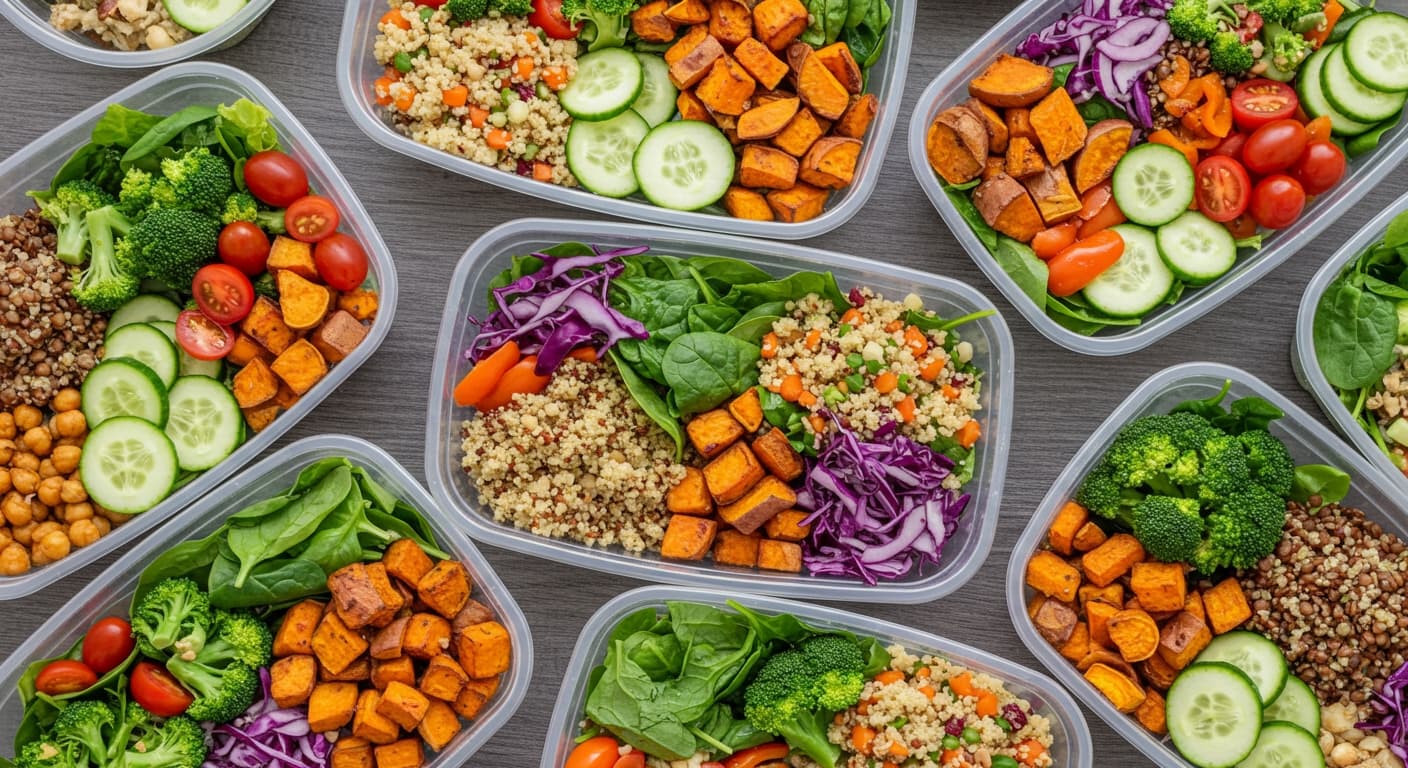 A top-down view of various vegan meal prep containers filled with colorful salads, grains, and roasted vegetables.