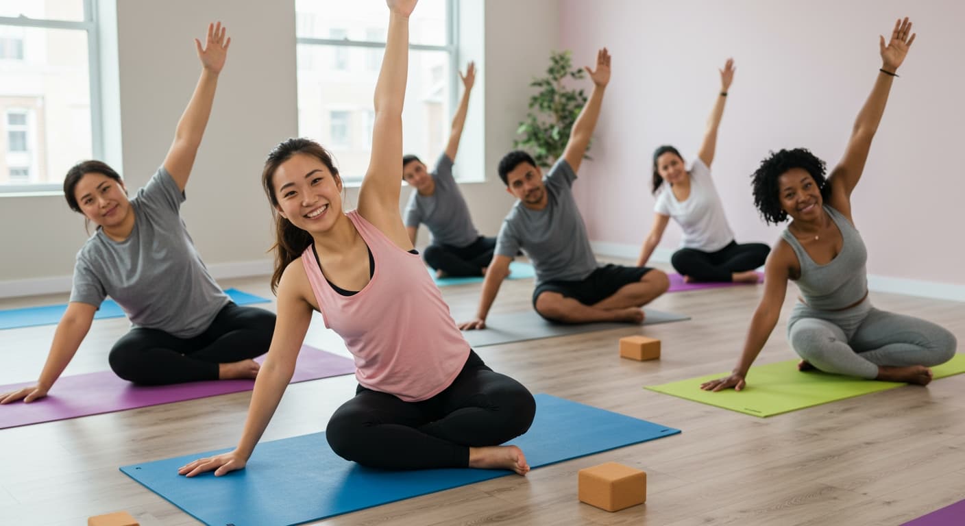 A diverse group of people in a bright studio practicing a basic yoga pose on colorful mats.