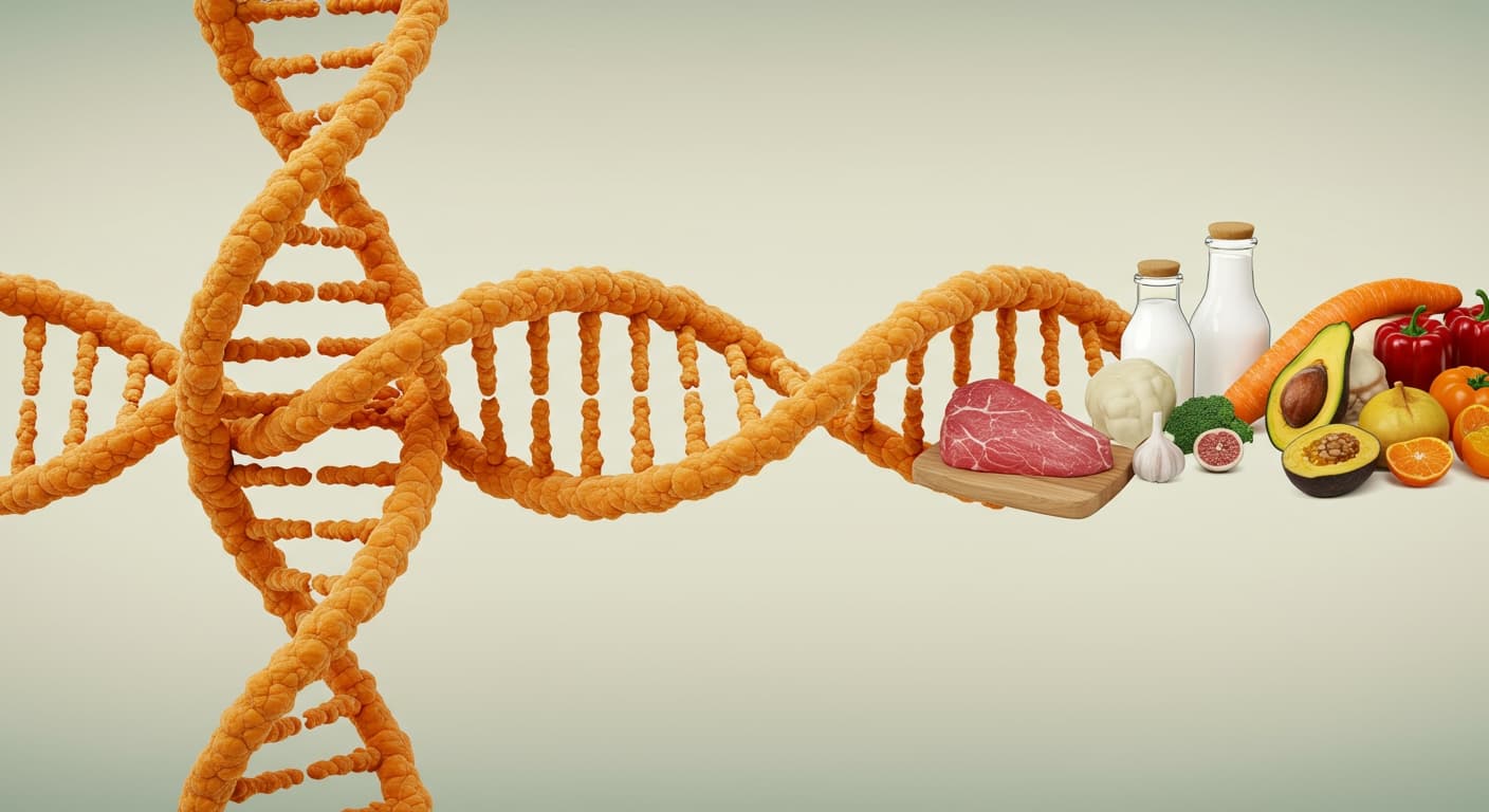 A conceptual image showing the link between various foods and a DNA helix, representing foodomics.