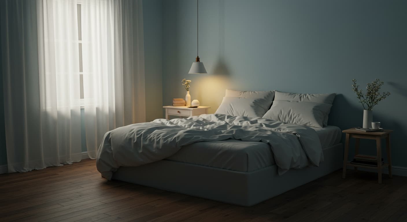 A serene bedroom at night with a neatly made bed, suggesting peaceful sleep.
