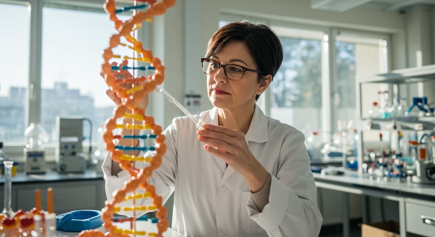 A laboratory scientist examining a DNA double helix model, representing the study of genetics and nutrition.