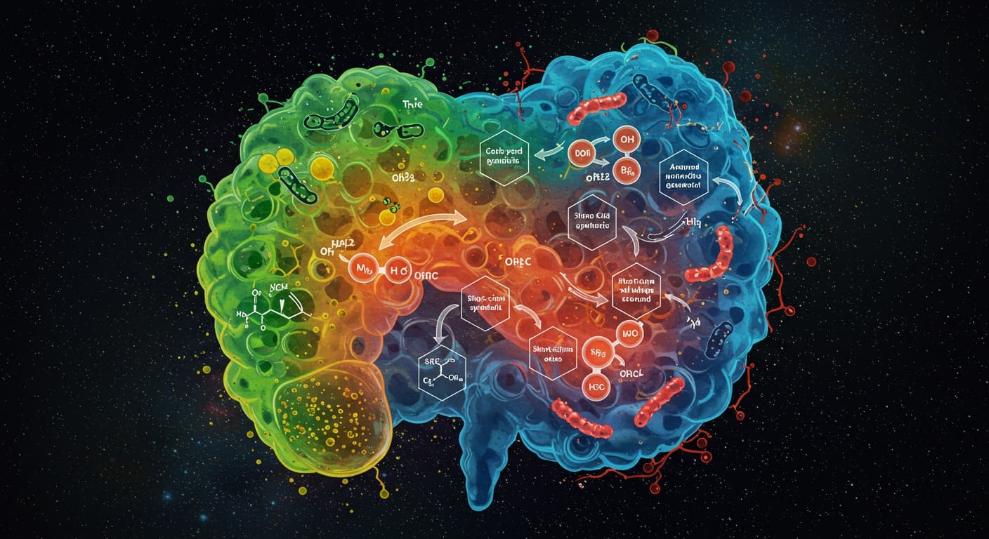 Abstract gut microbiome artwork connected to metabolic pathway icons