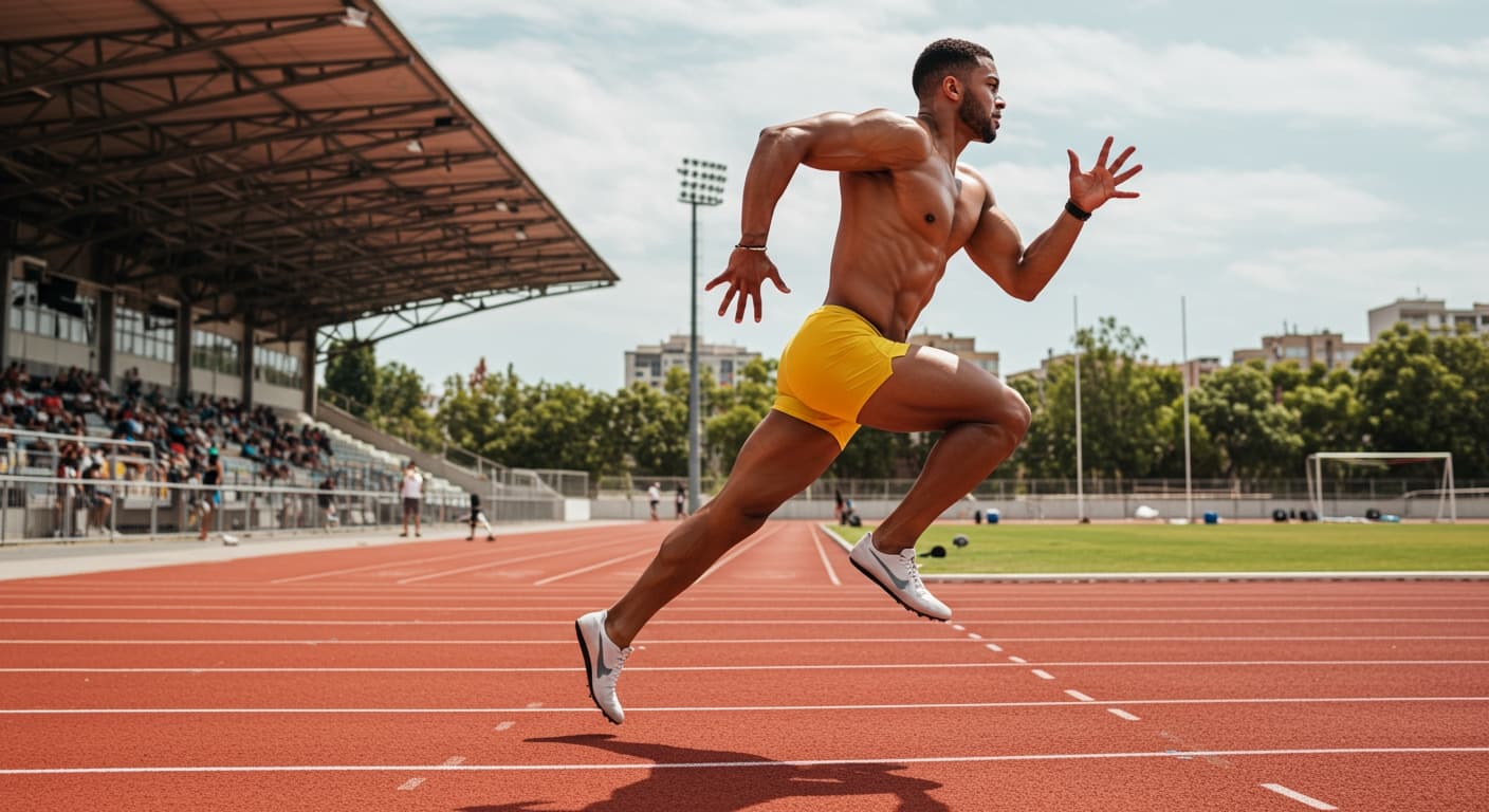 A muscular runner sprinting on a track, showcasing the power of running for muscle tone.