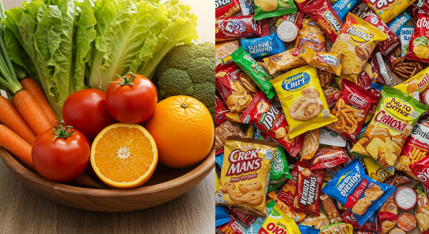 Contrast of fresh whole foods versus brightly packaged ultra-processed snacks