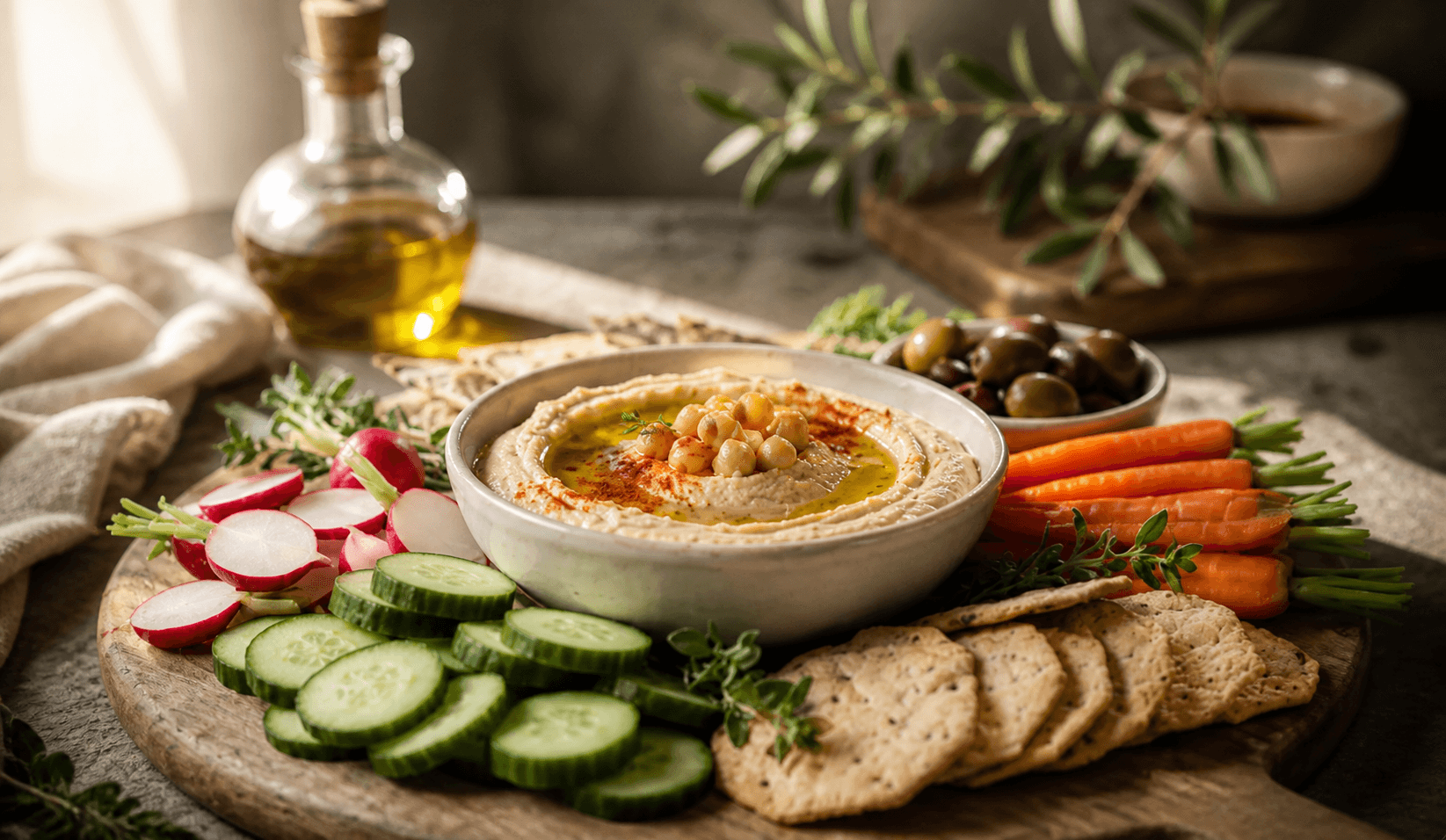 Bowl of hummus drizzled with olive oil served with fresh vegetables, olives, and crackers on a wooden board in natural light.