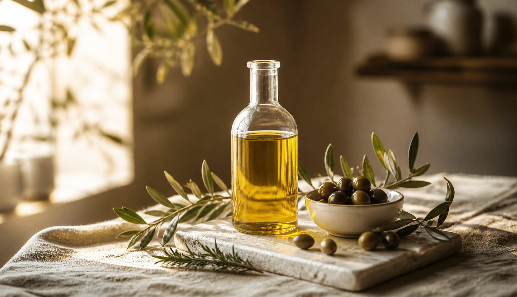 Glass bottle of olive oil on a linen table with a bowl of olives and fresh olive branches in warm natural light.