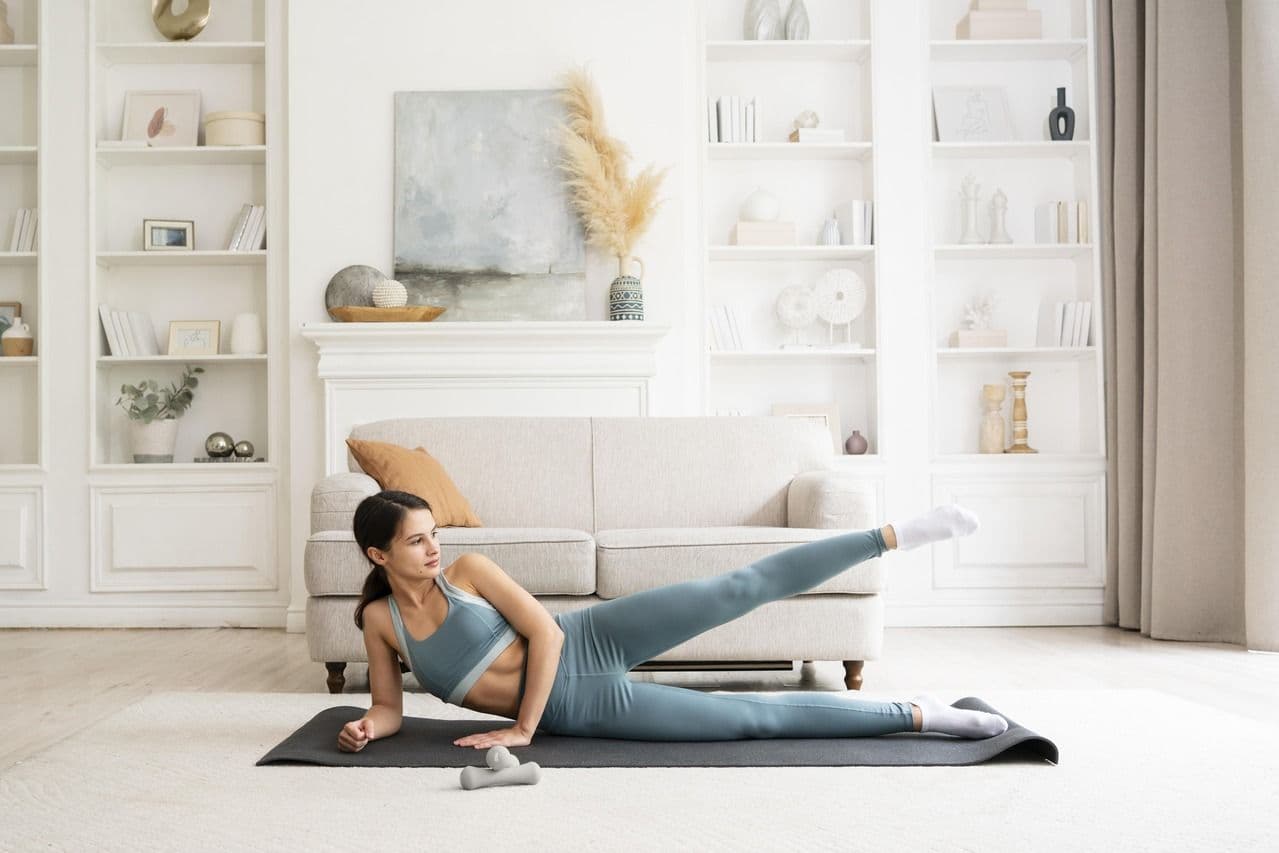 woman doing Pilates exercise at home 