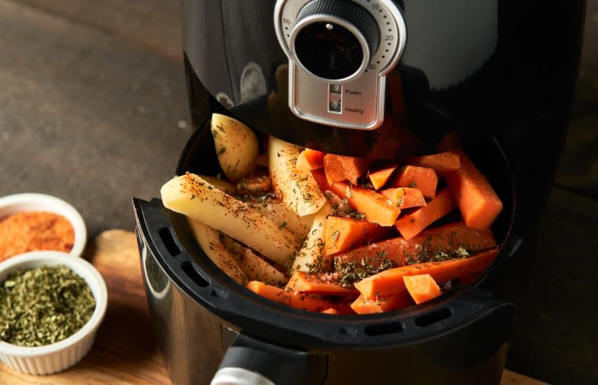 Food cooking in an air fryer.