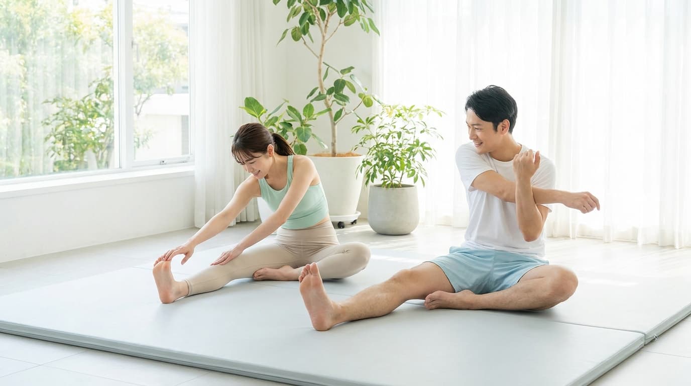 거실에서 편안하게 스트레칭하는 모습