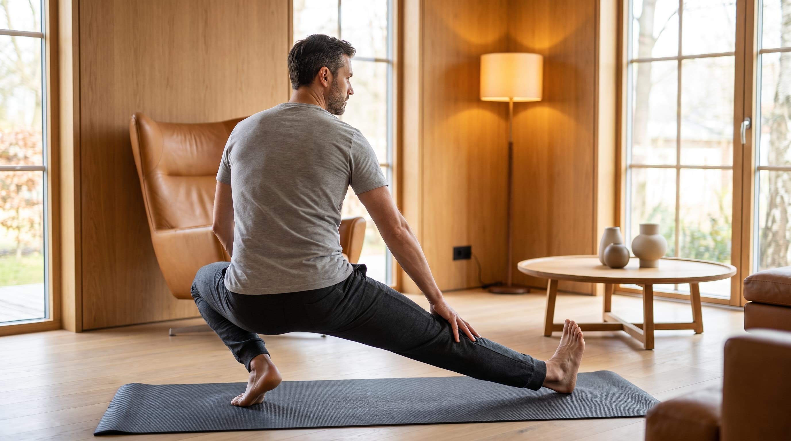 man stretching indoors