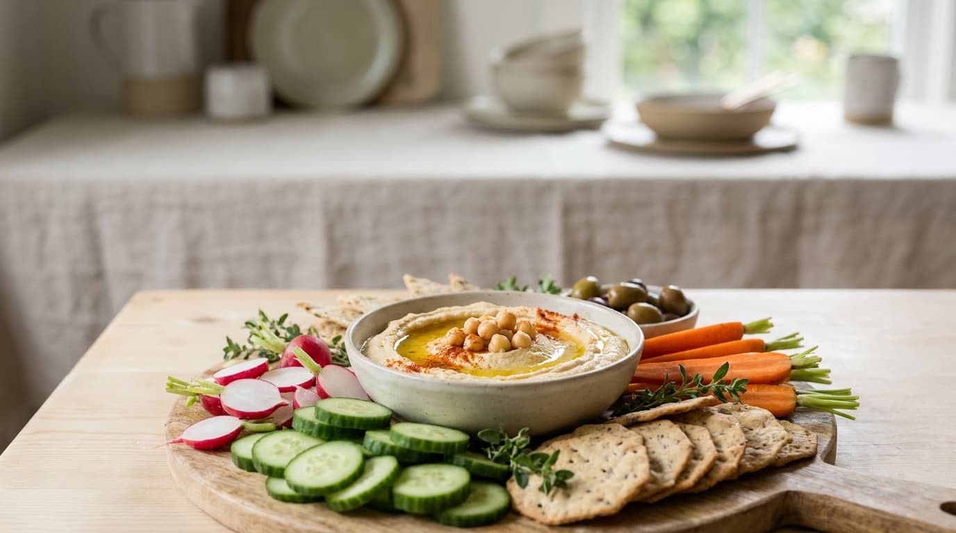 Bowl of hummus drizzled with olive oil served with fresh vegetables, olives, and crackers on a wooden board in natural light.