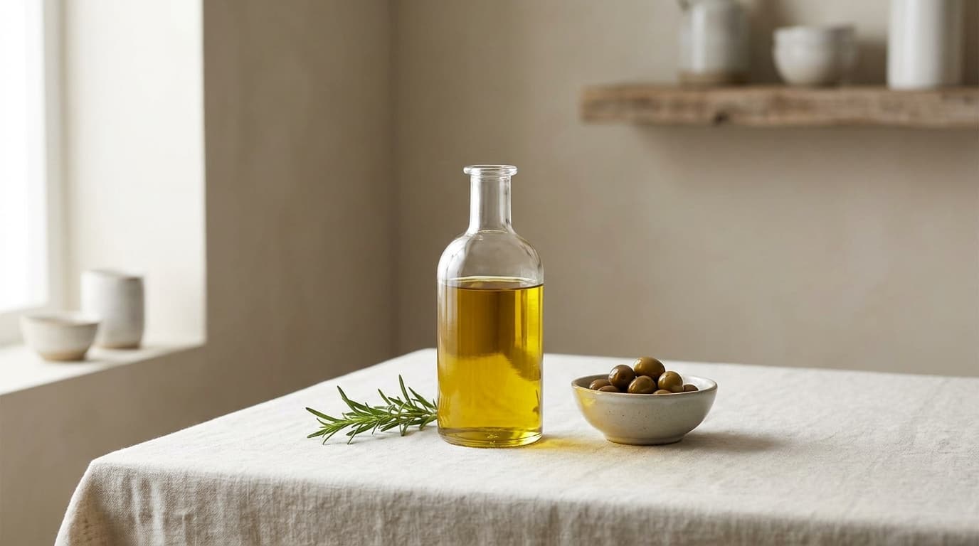 Glass bottle of olive oil on a linen table with a bowl of olives and fresh olive branches in warm natural light.